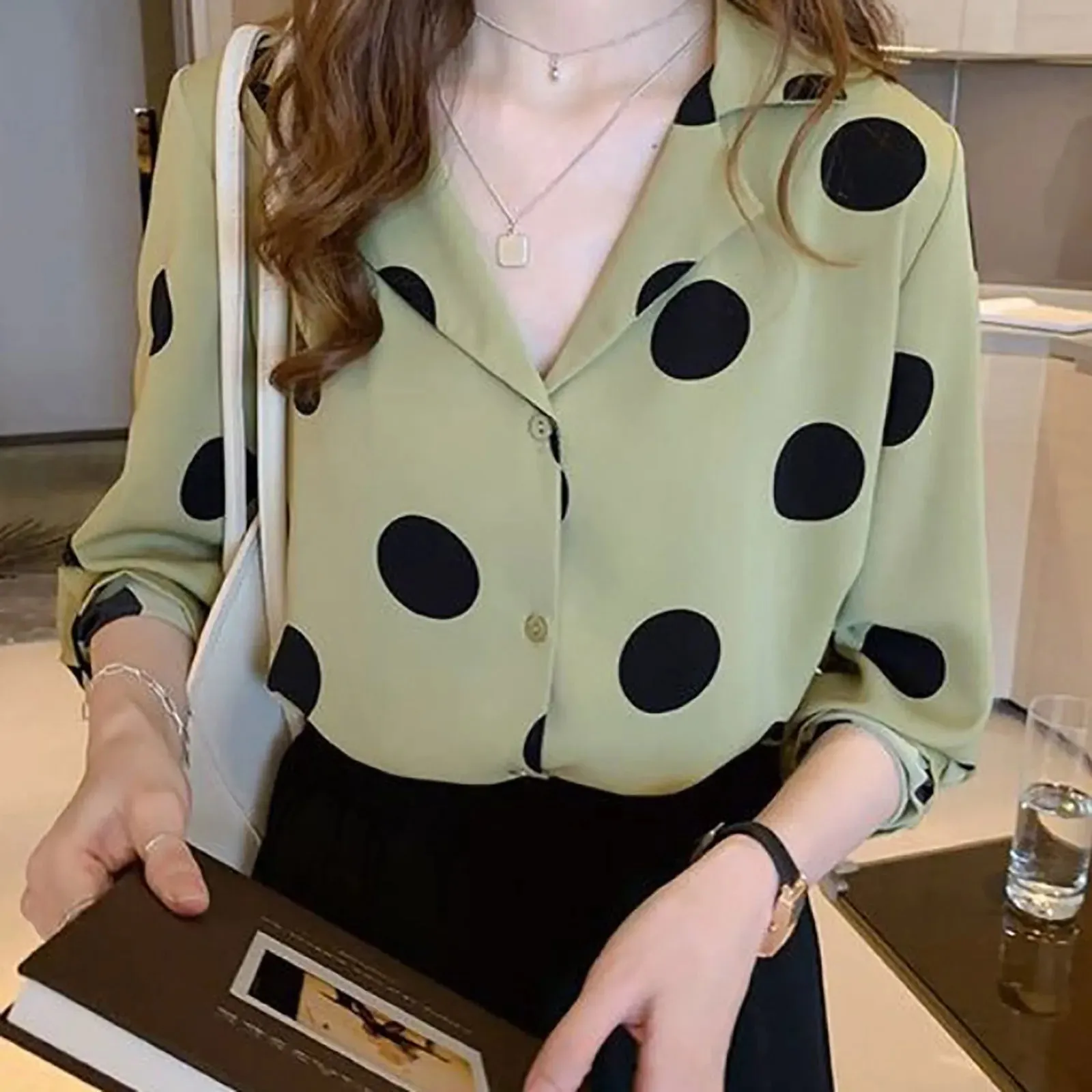 Spring Autumn Office Lady Polka Dot Print Chiffon Blouse Women Elegant Single Breasted Long Sleeve All-Match Shirt Blusa Mujer