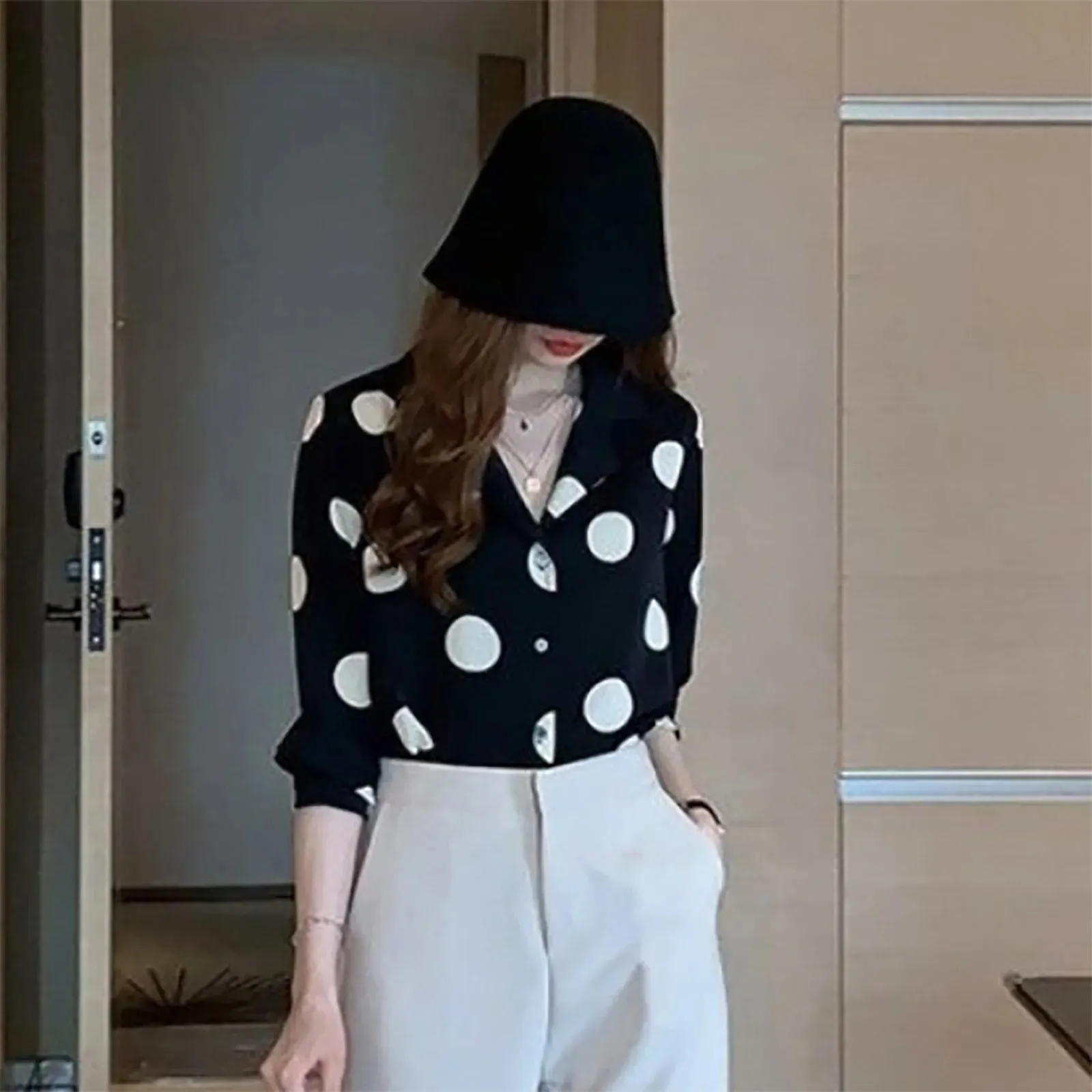 Spring Autumn Office Lady Polka Dot Print Chiffon Blouse Women Elegant Single Breasted Long Sleeve All-Match Shirt Blusa Mujer