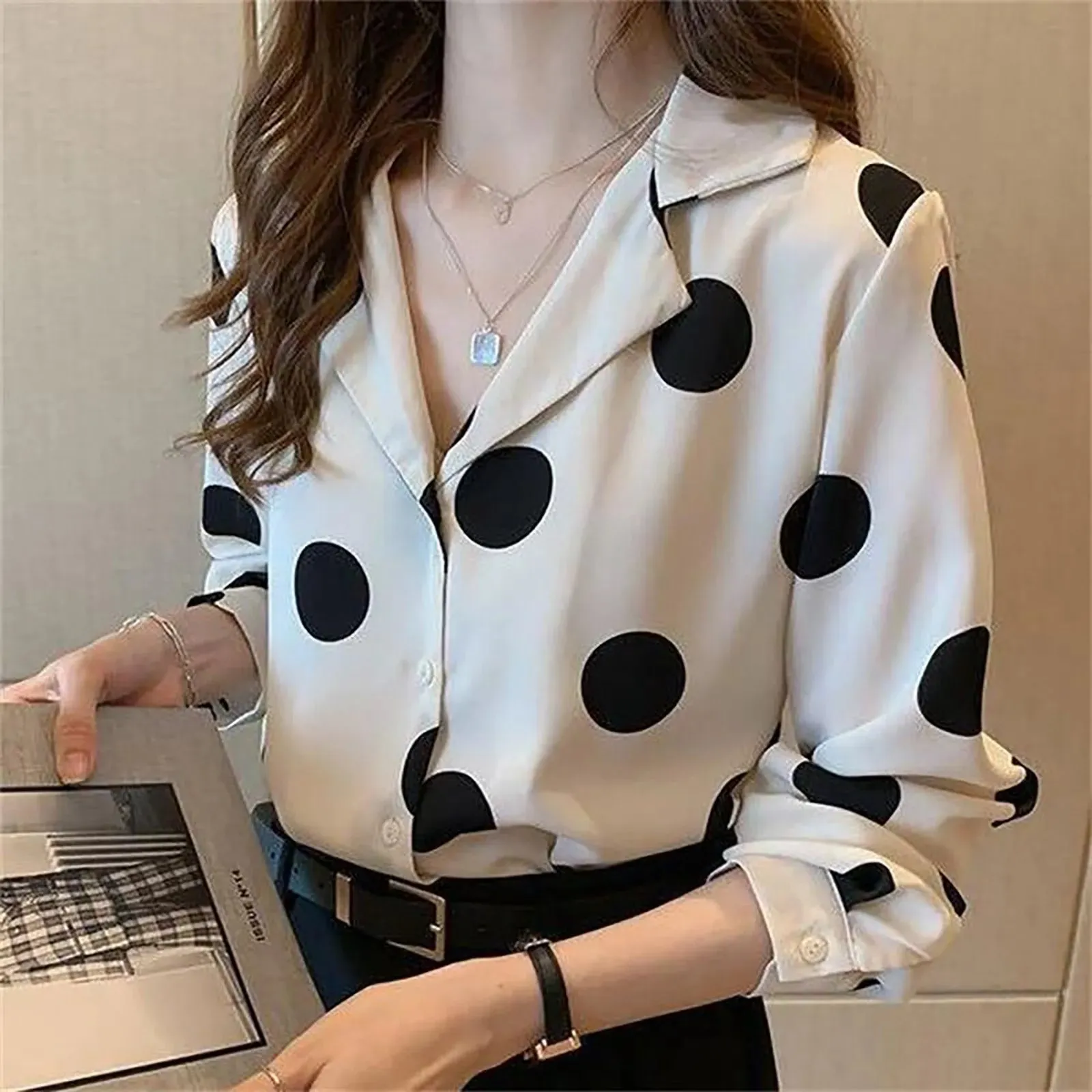 Spring Autumn Office Lady Polka Dot Print Chiffon Blouse Women Elegant Single Breasted Long Sleeve All-Match Shirt Blusa Mujer