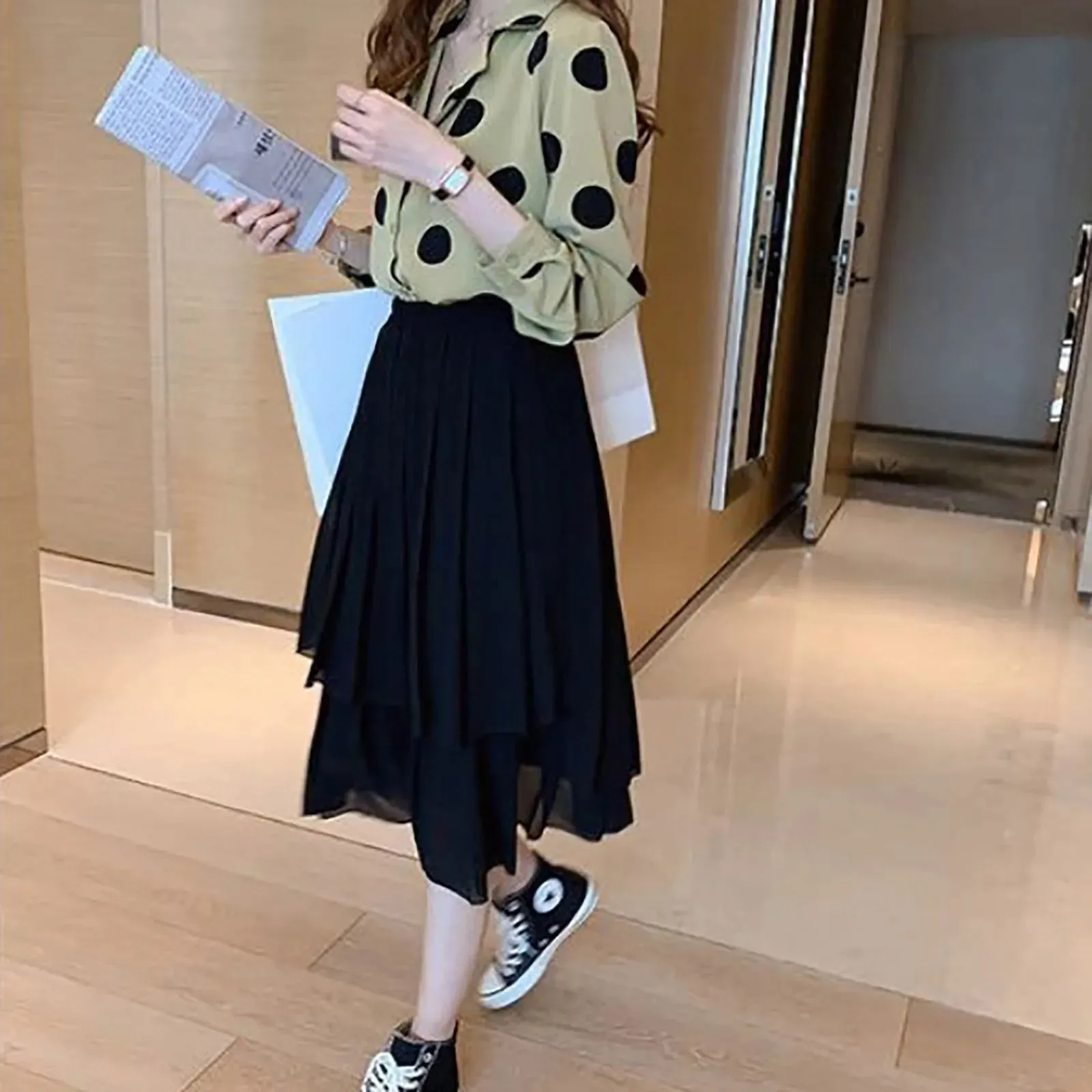 Spring Autumn Office Lady Polka Dot Print Chiffon Blouse Women Elegant Single Breasted Long Sleeve All-Match Shirt Blusa Mujer