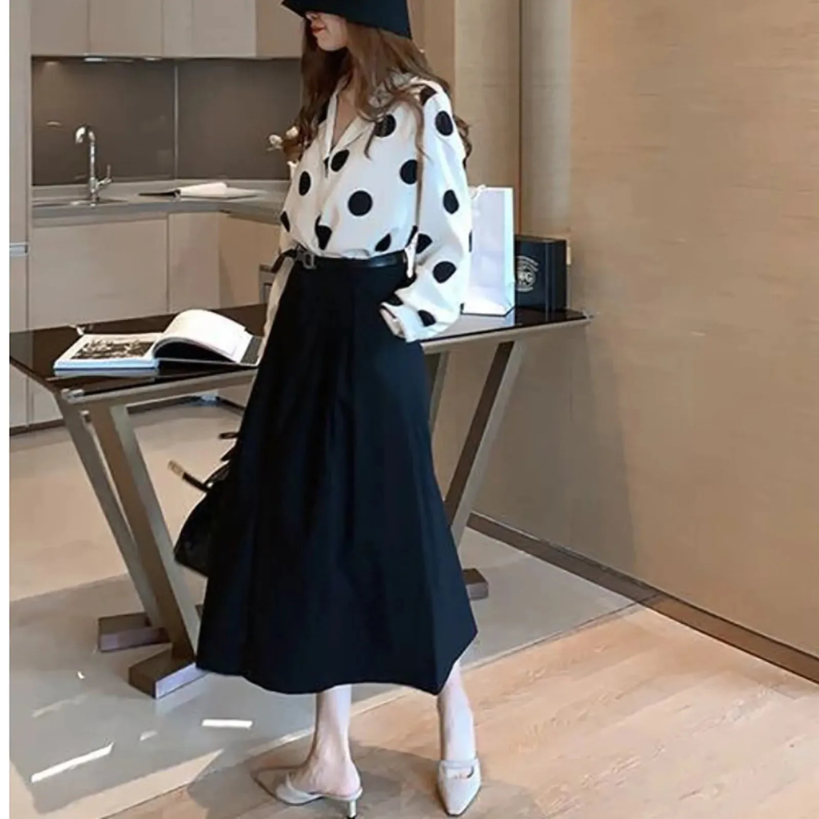 Spring Autumn Office Lady Polka Dot Print Chiffon Blouse Women Elegant Single Breasted Long Sleeve All-Match Shirt Blusa Mujer