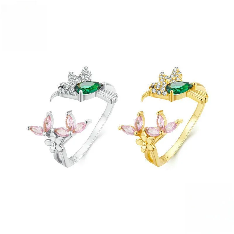 Sterling Silver Simulated Emerald Hummingbird Pink FlowerToi et Moi Ring