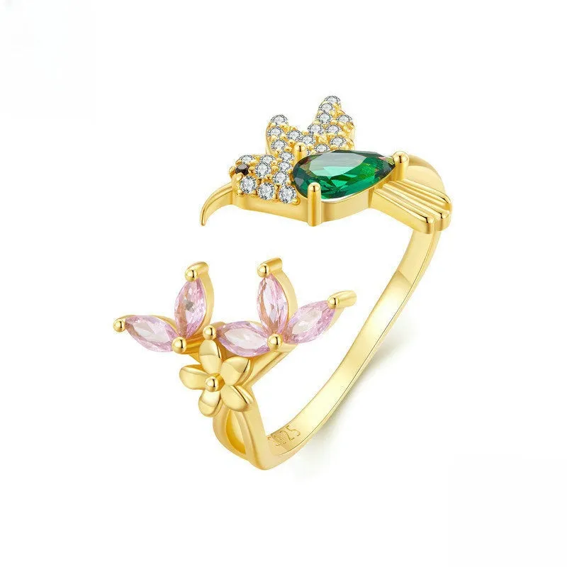 Sterling Silver Simulated Emerald Hummingbird Pink FlowerToi et Moi Ring