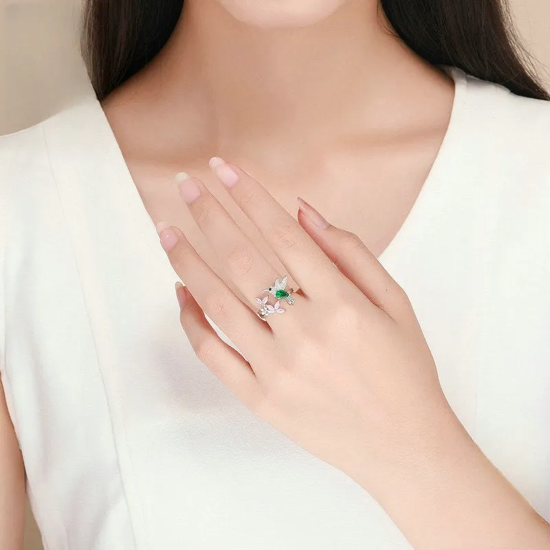 Sterling Silver Simulated Emerald Hummingbird Pink FlowerToi et Moi Ring