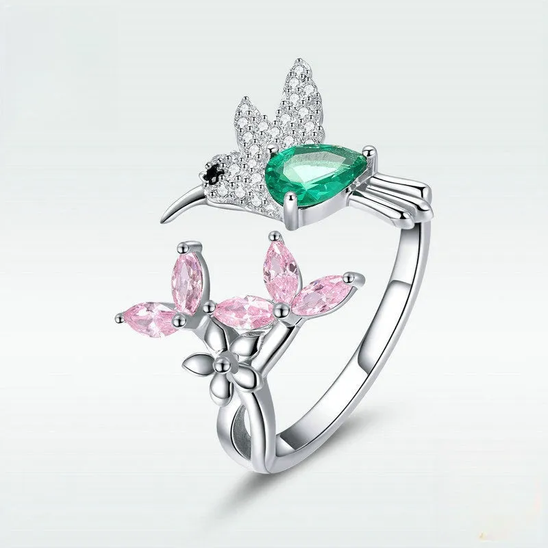 Sterling Silver Simulated Emerald Hummingbird Pink FlowerToi et Moi Ring