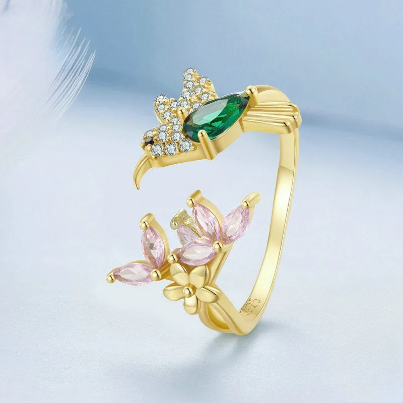 Sterling Silver Simulated Emerald Hummingbird Pink FlowerToi et Moi Ring