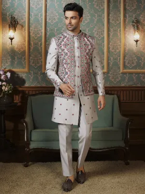 Stylish Kurta Bandi in Grey Enriched with Multi Embroidered Jacket