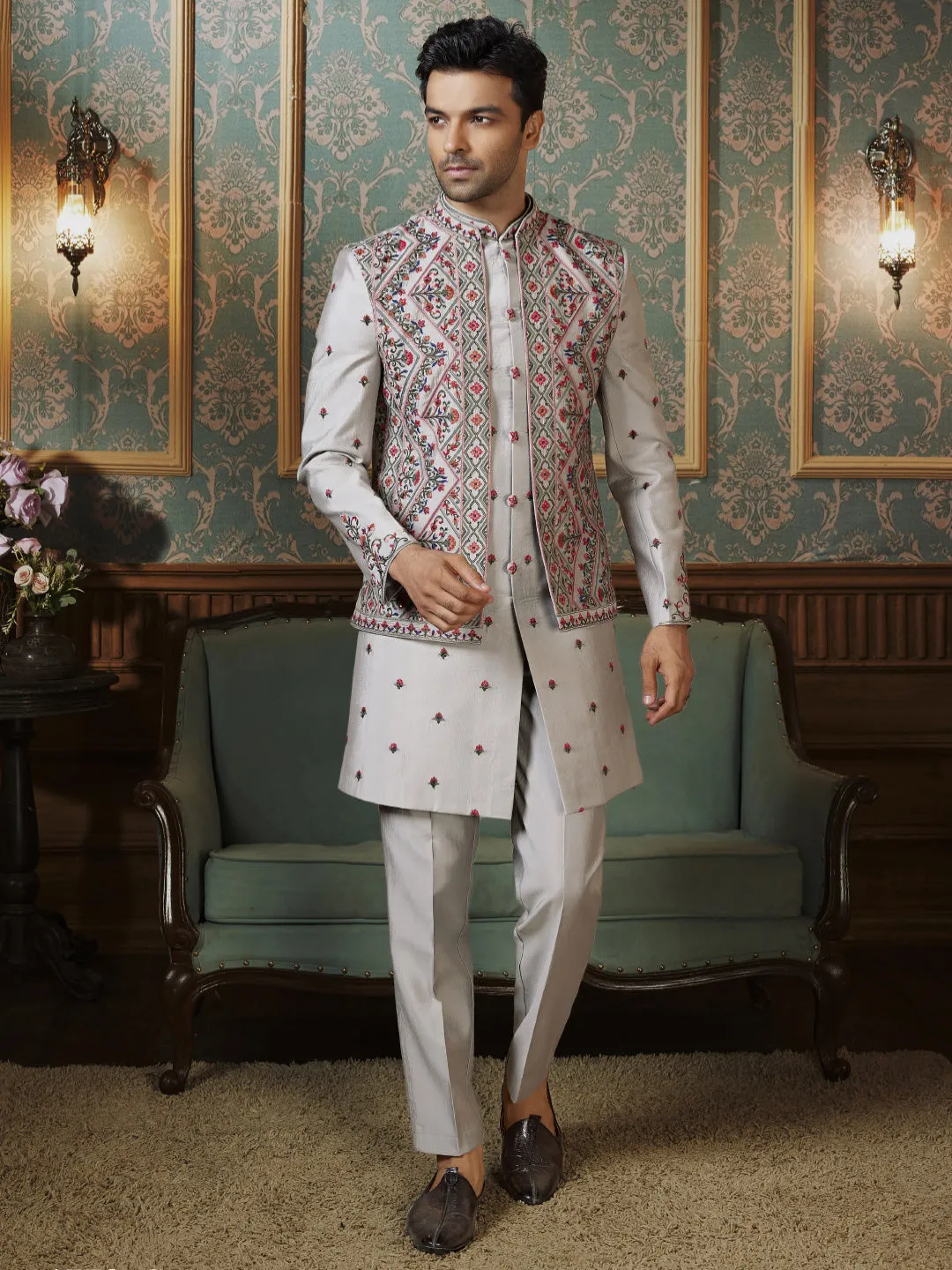Stylish Kurta Bandi in Grey Enriched with Multi Embroidered Jacket