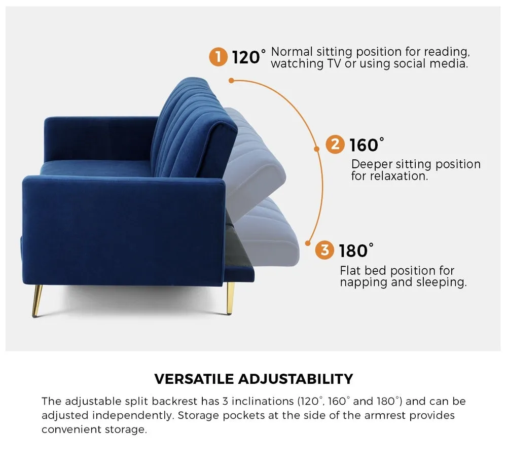TRES 3 Seater Sofa Bed Velvet Blue