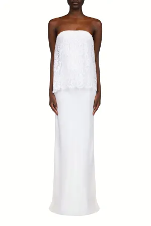 White Silk Crepe Strapless Bias Gown With White Lace Overlay