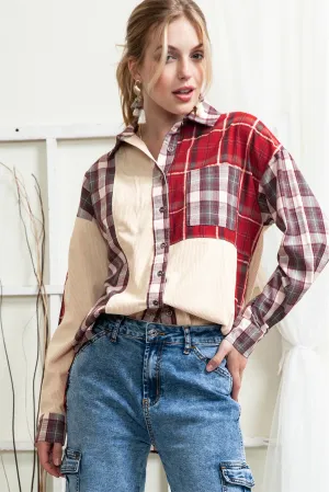 Wholesale Red Plaid Color Block Pocket Patchwork Corduroy Shacket