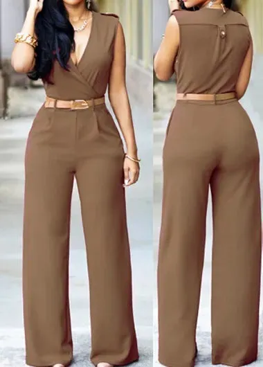Women Elegant Work Office High Waist V Neck Sleeveless Solid Color Wide Leg Jumpsuits With Belt