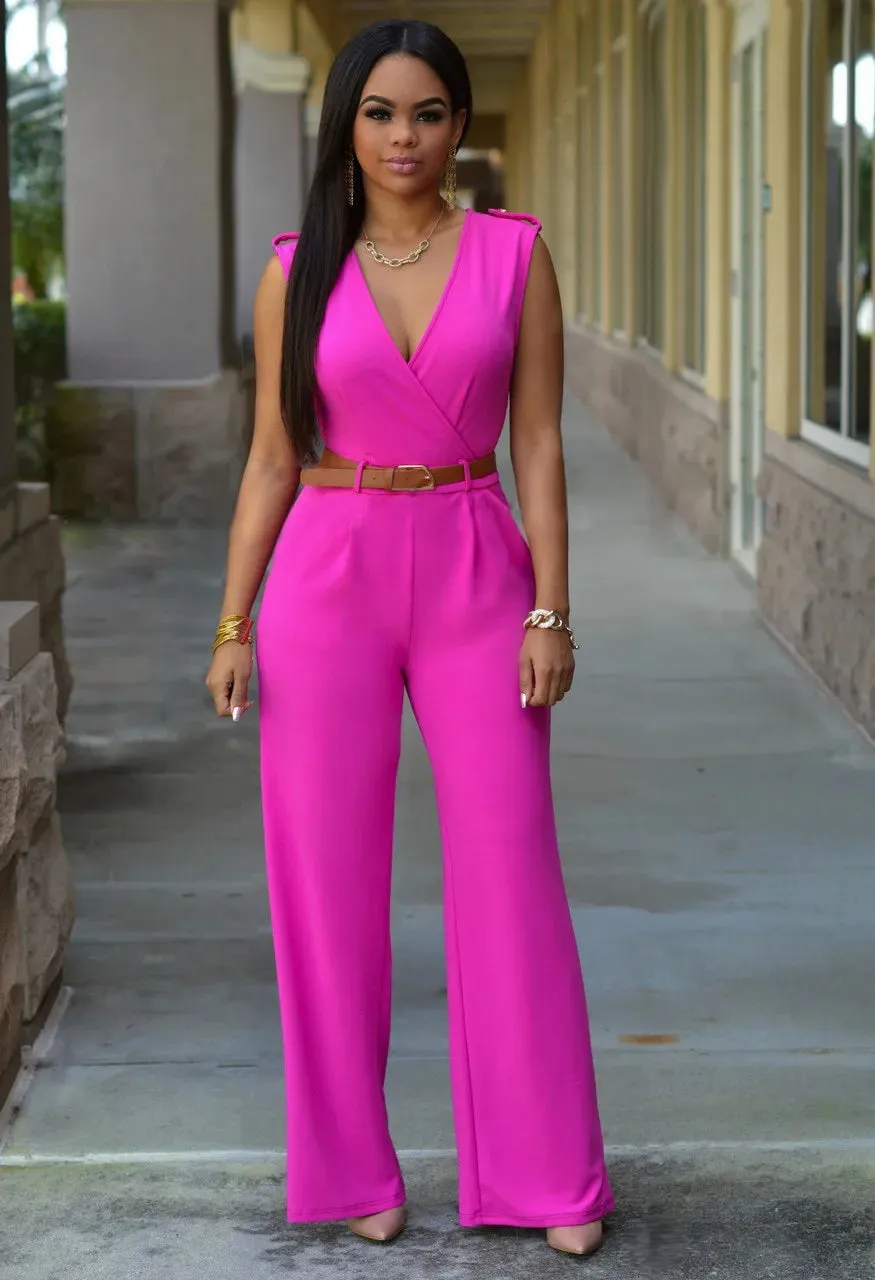 Women Elegant Work Office High Waist V Neck Sleeveless Solid Color Wide Leg Jumpsuits With Belt