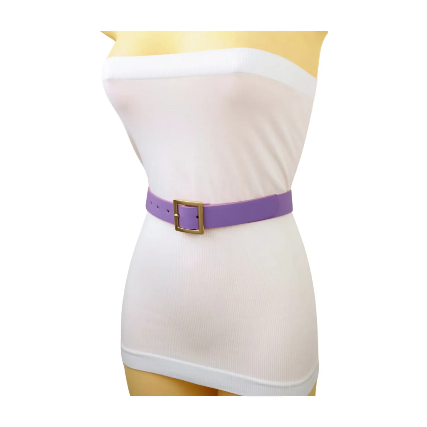 Women Lavender Faux Leather Skinny Belt Gold Metal Square Buckle S M
