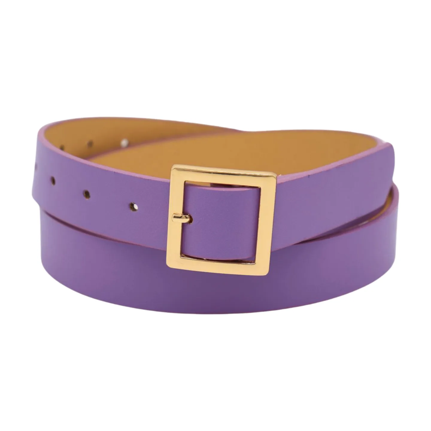 Women Lavender Faux Leather Skinny Belt Gold Metal Square Buckle S M