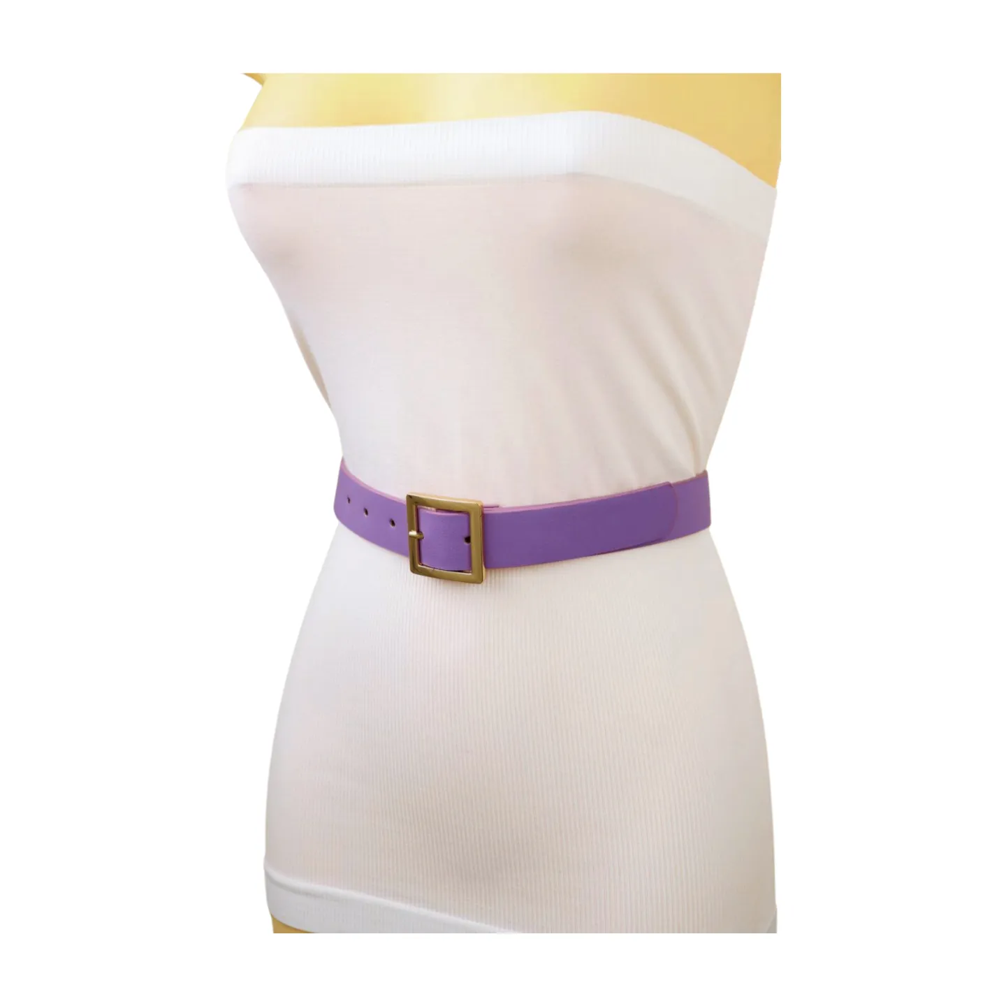 Women Lavender Faux Leather Skinny Belt Gold Metal Square Buckle S M