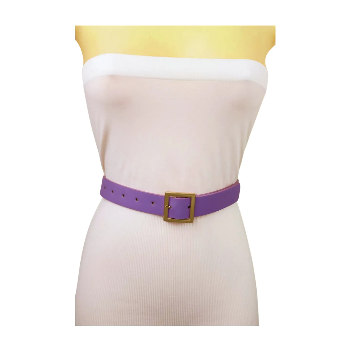 Women Lavender Faux Leather Skinny Belt Gold Metal Square Buckle S M