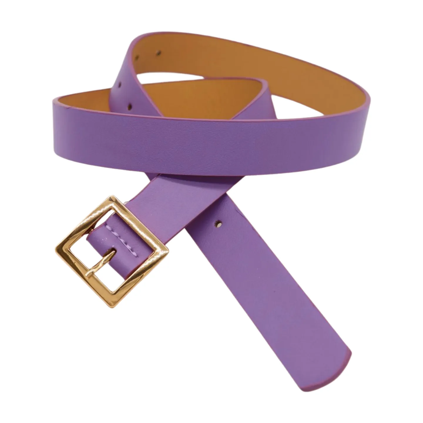 Women Lavender Faux Leather Skinny Belt Gold Metal Square Buckle S M