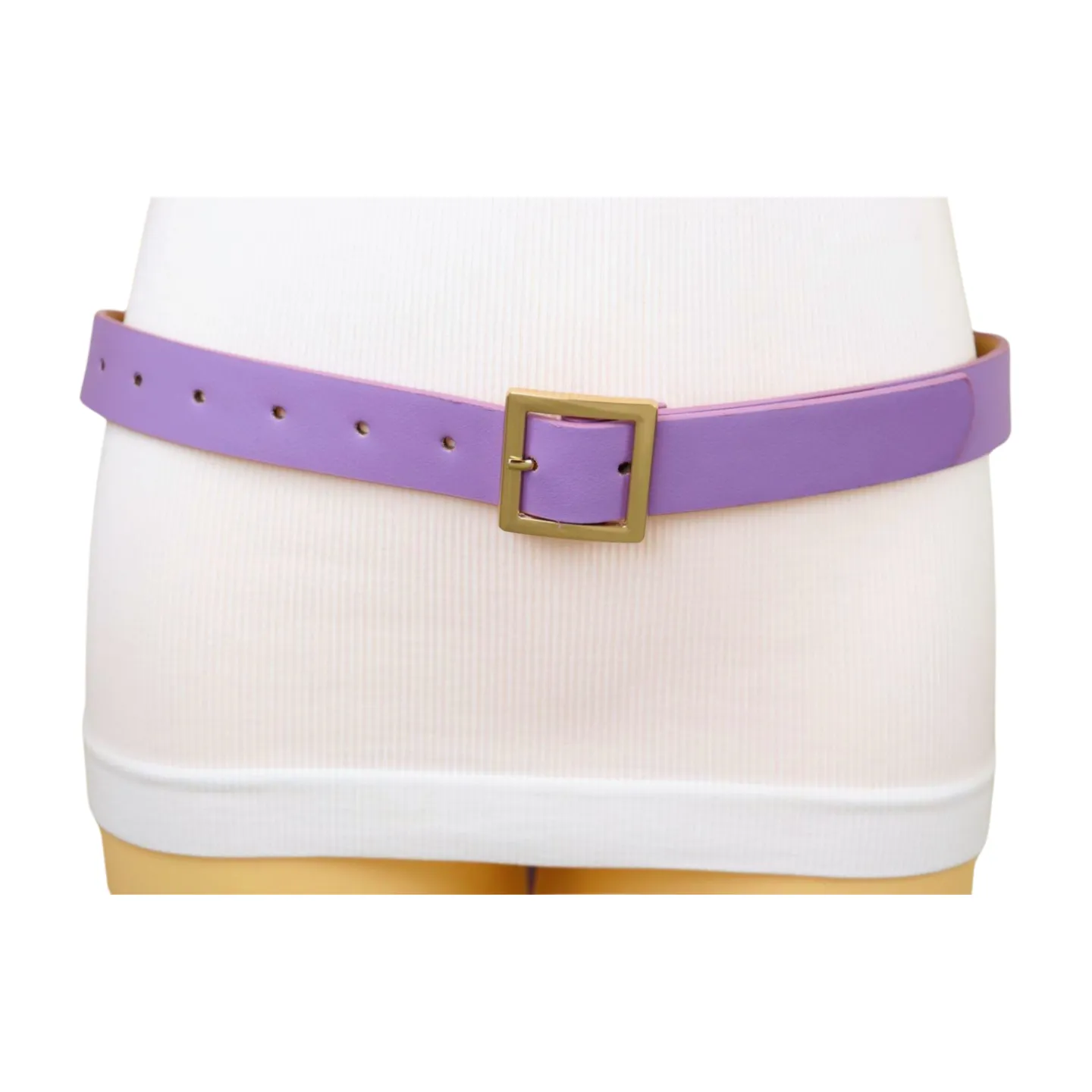 Women Lavender Faux Leather Skinny Belt Gold Metal Square Buckle S M