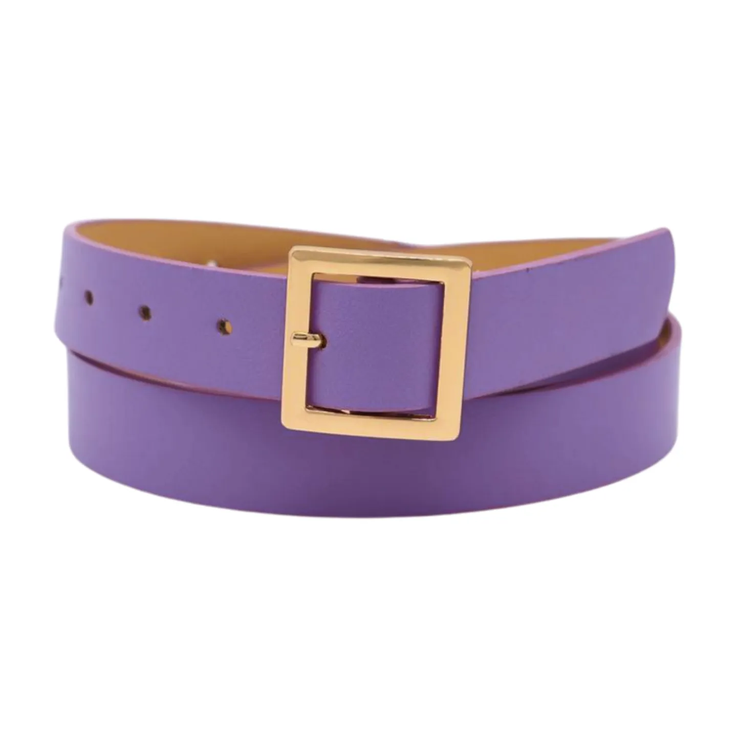 Women Lavender Faux Leather Skinny Belt Gold Metal Square Buckle S M