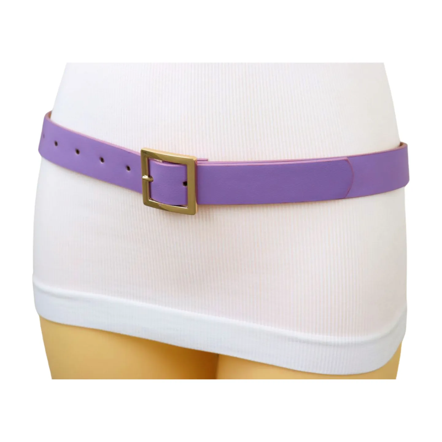 Women Lavender Faux Leather Skinny Belt Gold Metal Square Buckle S M