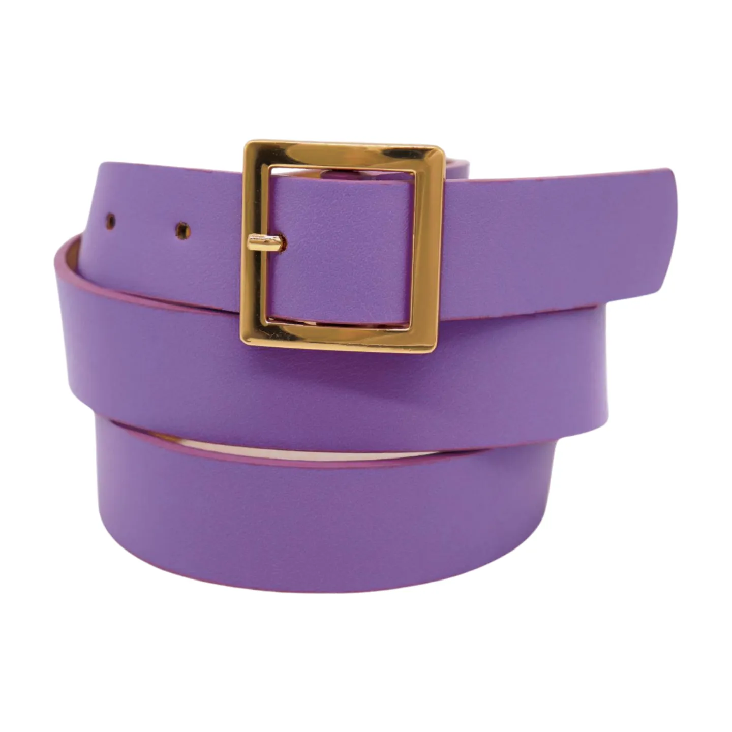 Women Lavender Faux Leather Skinny Belt Gold Metal Square Buckle S M