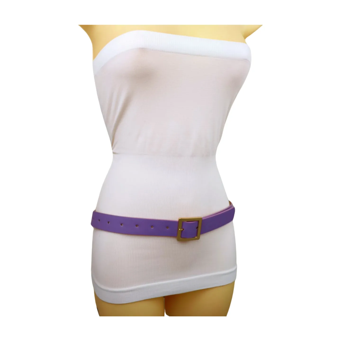 Women Lavender Faux Leather Skinny Belt Gold Metal Square Buckle S M