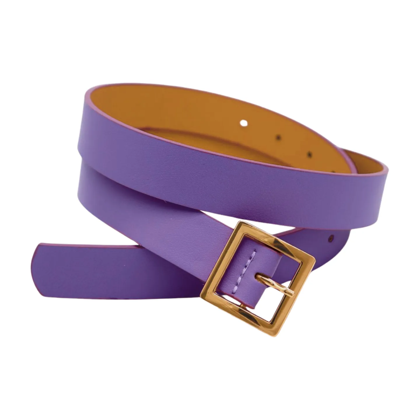 Women Lavender Faux Leather Skinny Belt Gold Metal Square Buckle S M