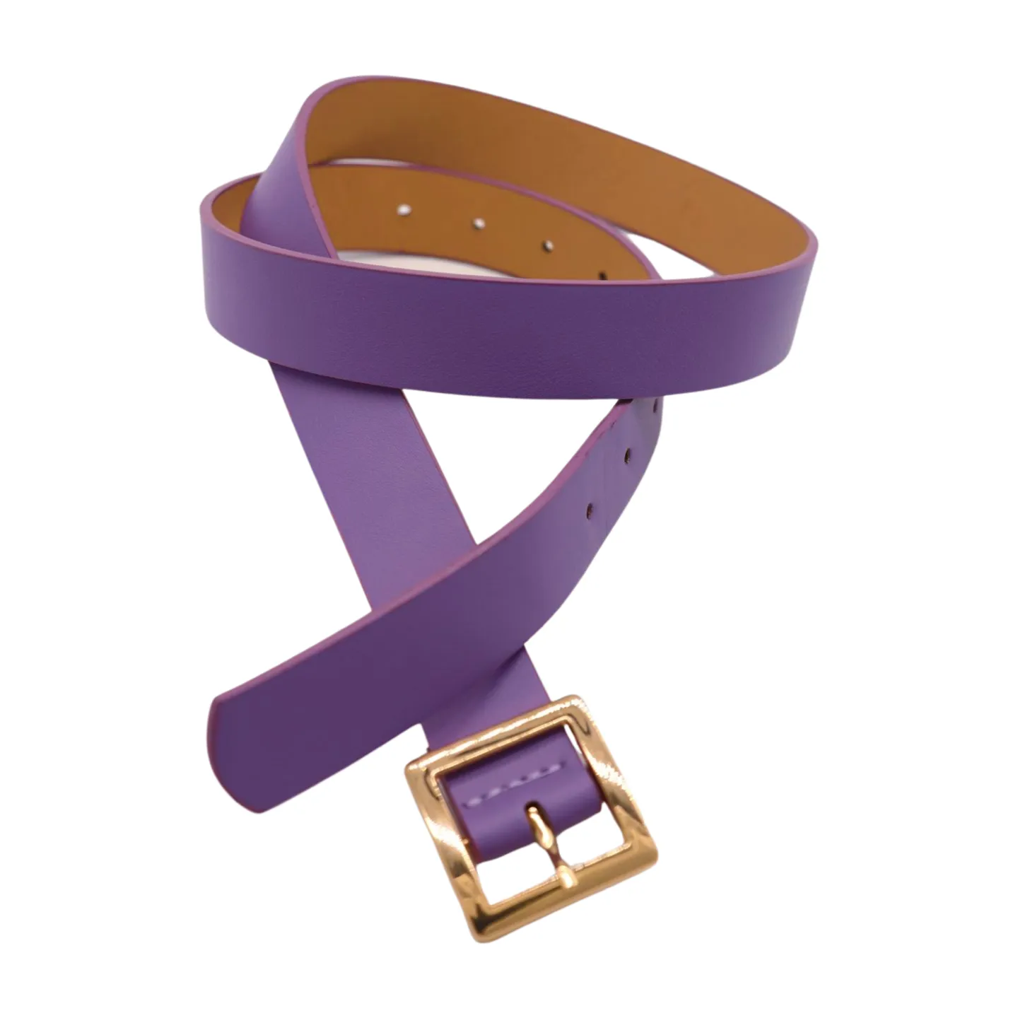 Women Lavender Faux Leather Skinny Belt Gold Metal Square Buckle S M