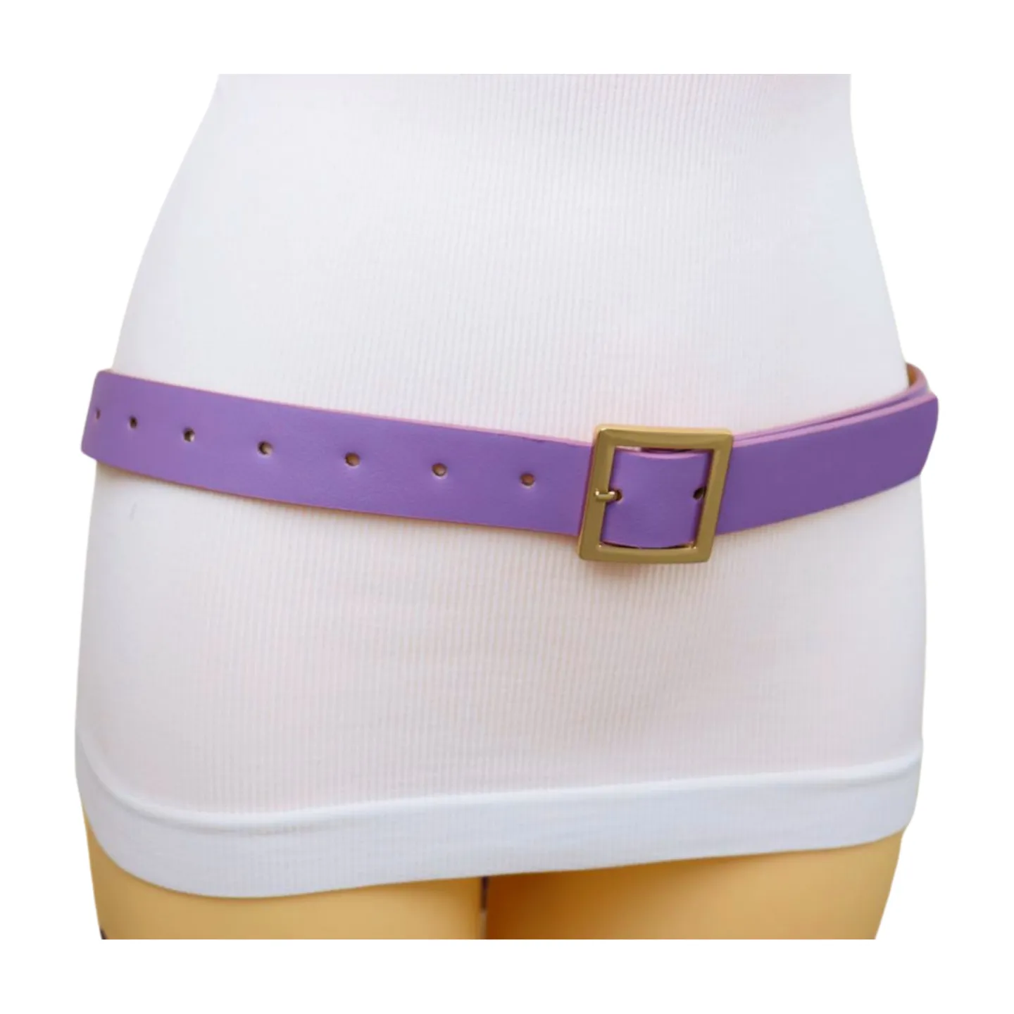 Women Lavender Faux Leather Skinny Belt Gold Metal Square Buckle S M