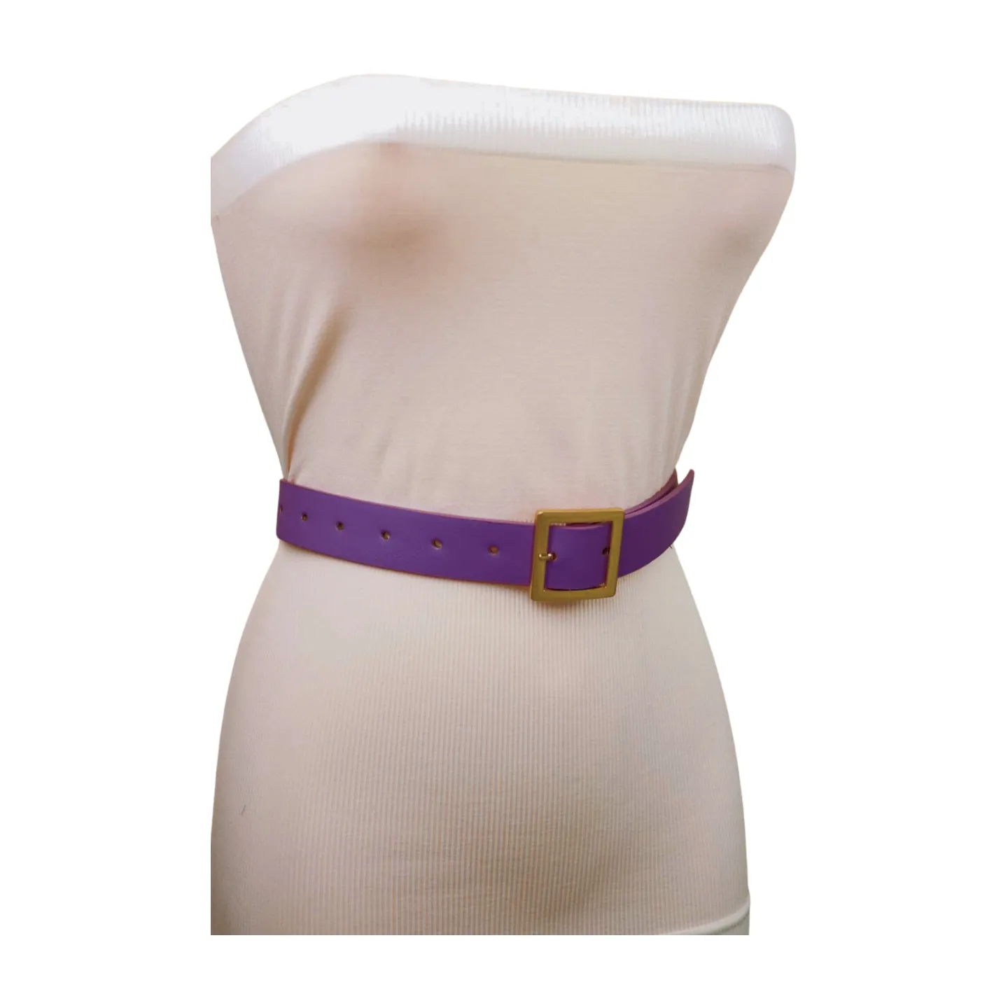 Women Lavender Faux Leather Skinny Belt Gold Metal Square Buckle S M