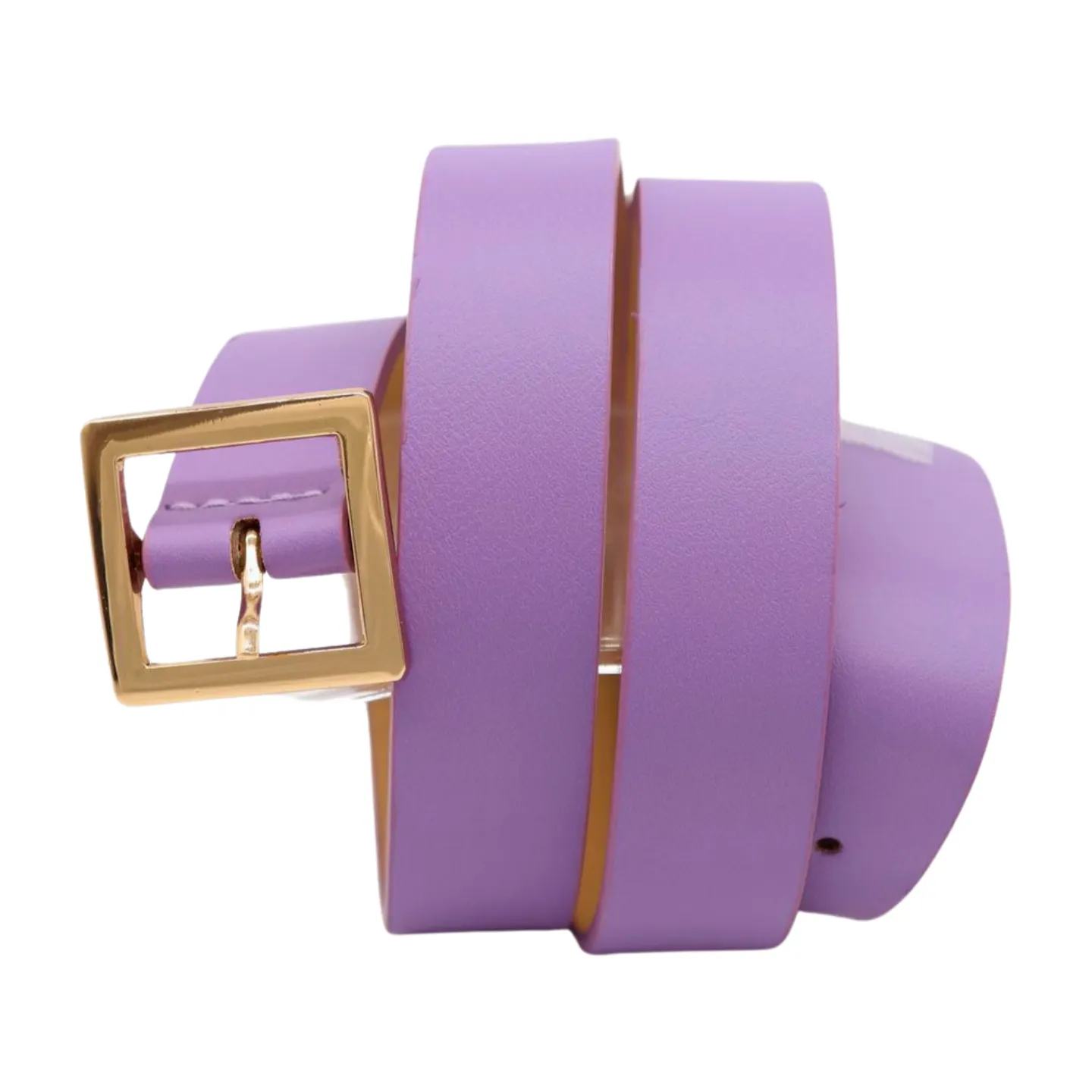 Women Lavender Faux Leather Skinny Belt Gold Metal Square Buckle S M