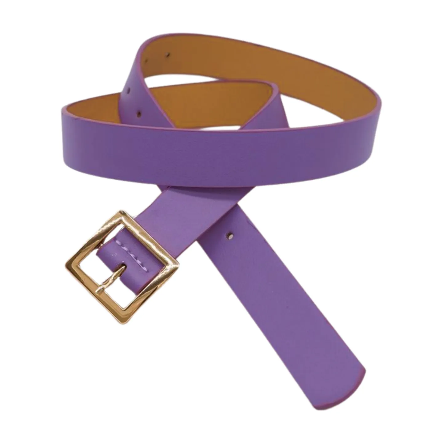 Women Lavender Faux Leather Skinny Belt Gold Metal Square Buckle S M