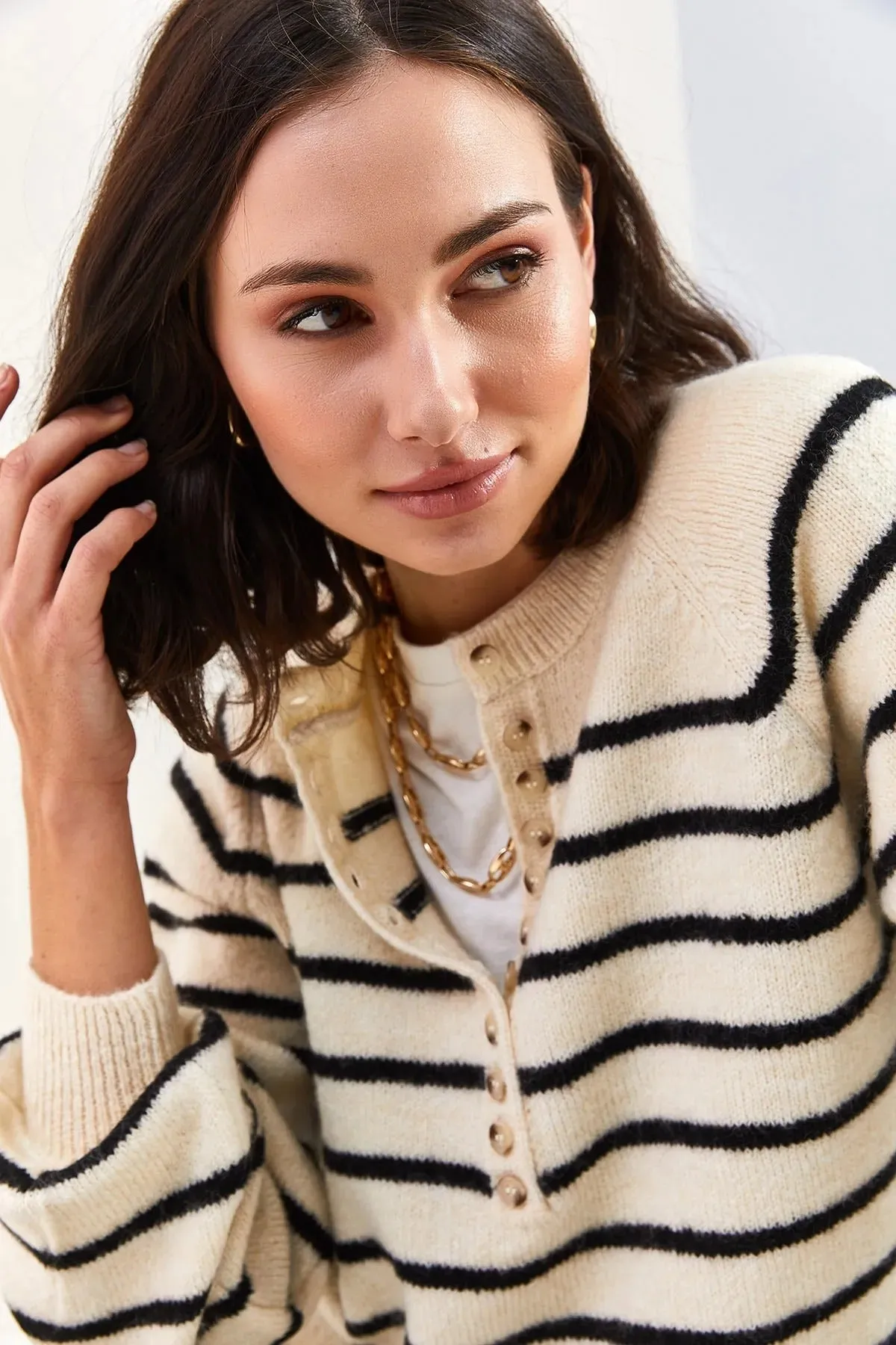 Women's Buttoned Turtleneck Striped Knit Sweater