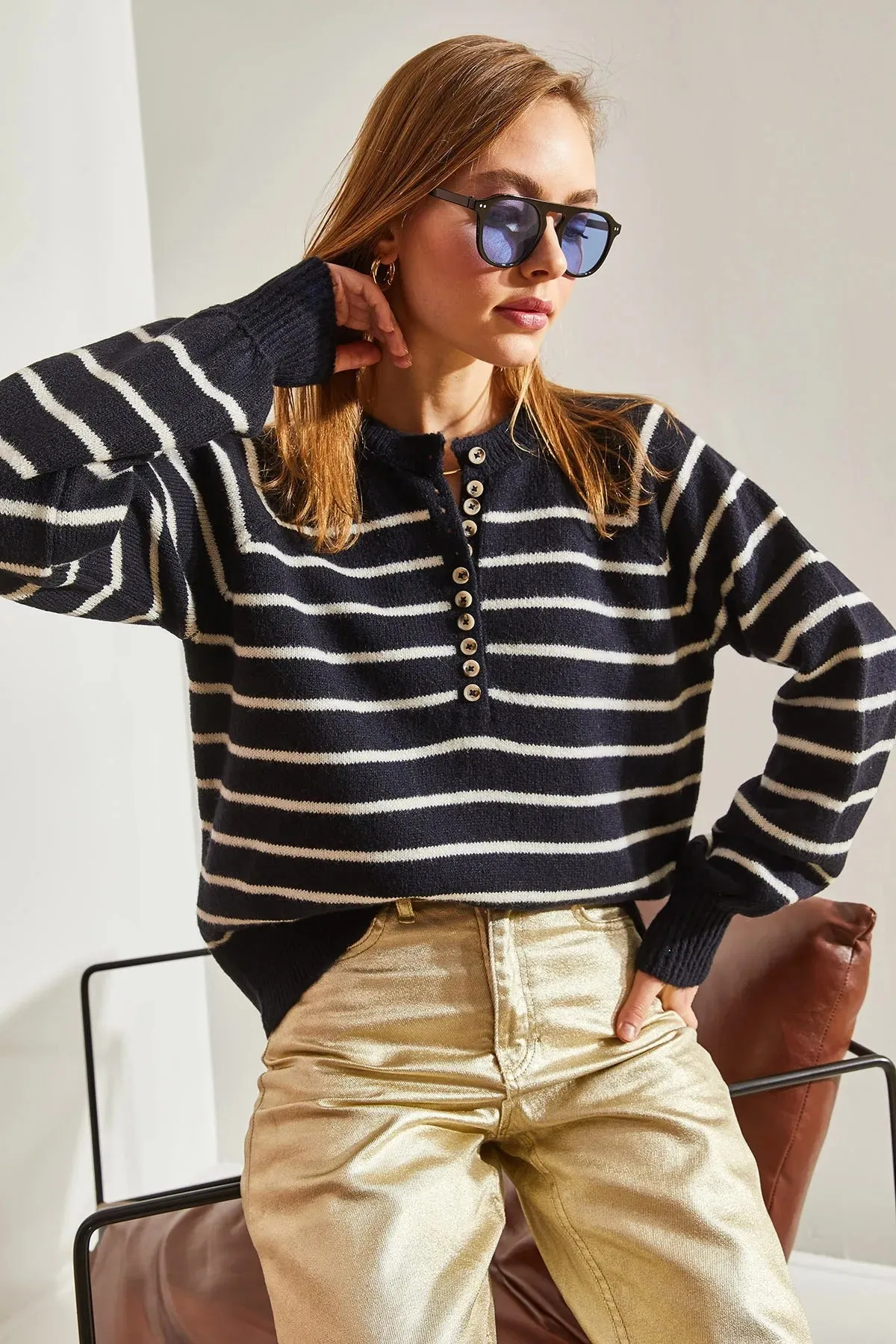 Women's Buttoned Turtleneck Striped Knit Sweater