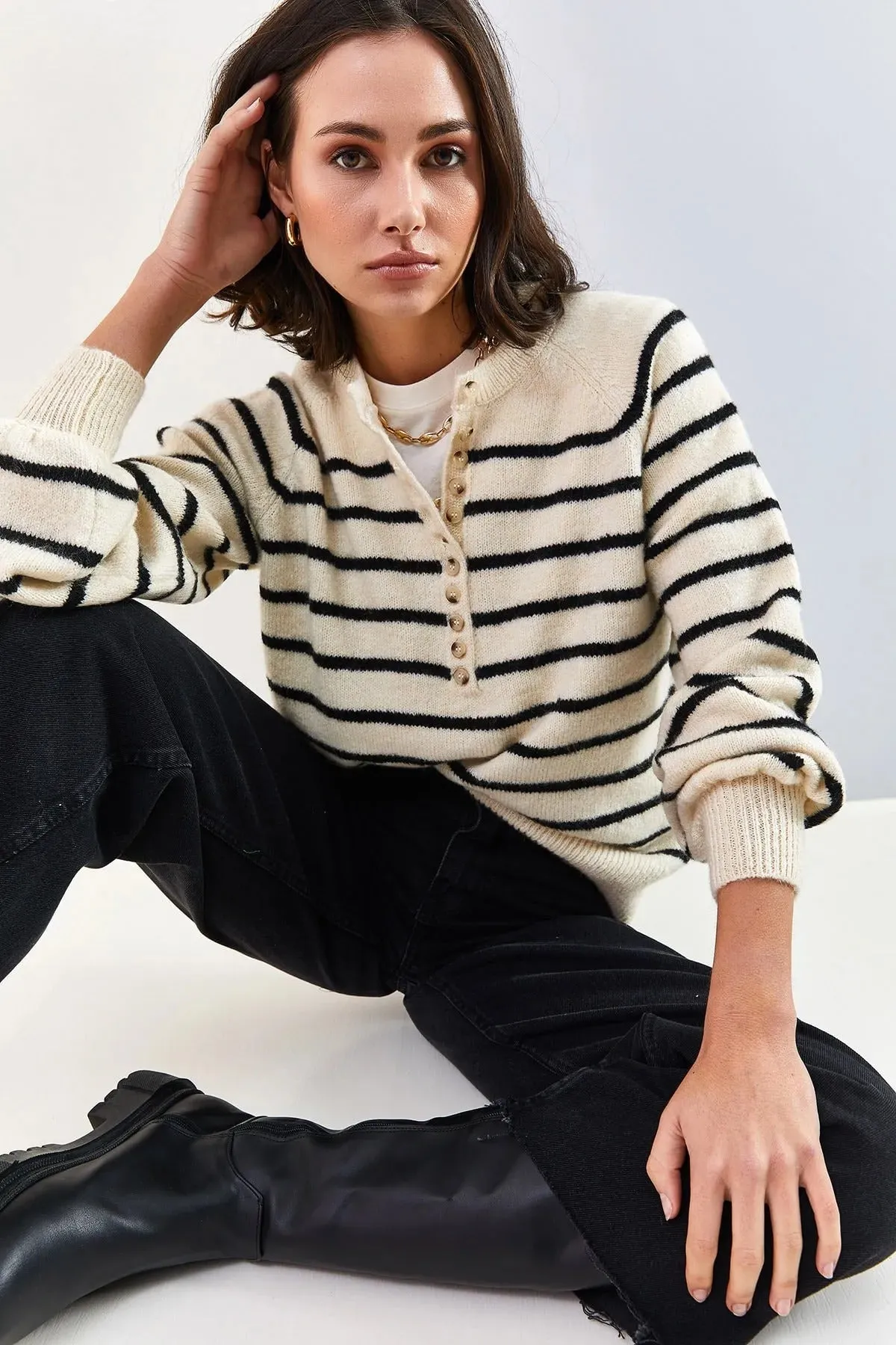 Women's Buttoned Turtleneck Striped Knit Sweater