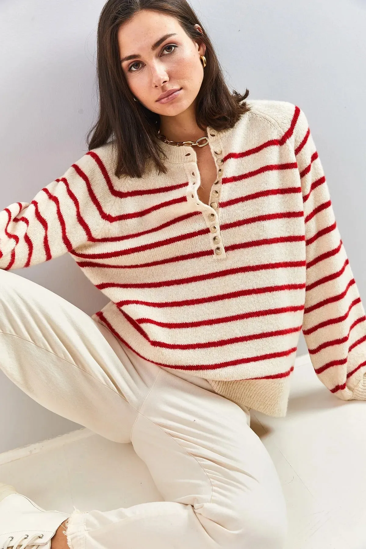 Women's Buttoned Turtleneck Striped Knit Sweater