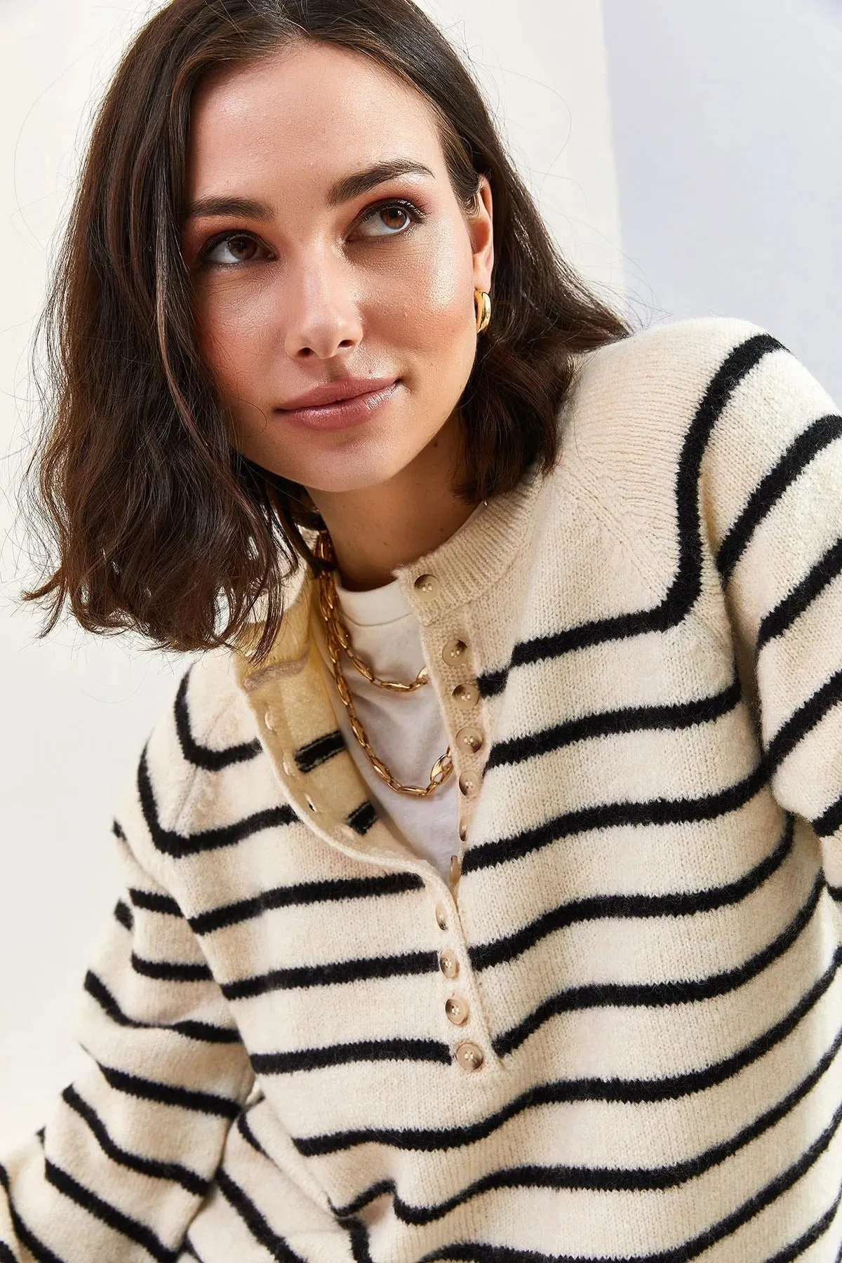 Women's Buttoned Turtleneck Striped Knit Sweater