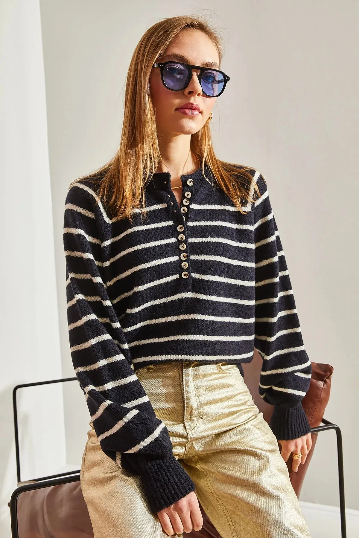 Women's Buttoned Turtleneck Striped Knit Sweater