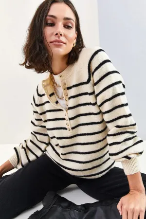 Women's Buttoned Turtleneck Striped Knit Sweater