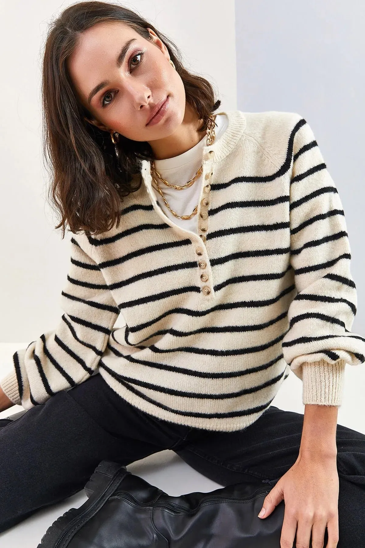 Women's Buttoned Turtleneck Striped Knit Sweater