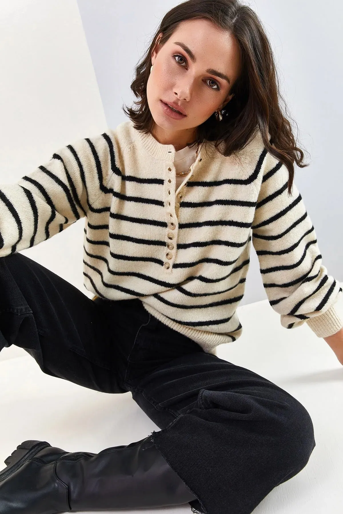 Women's Buttoned Turtleneck Striped Knit Sweater