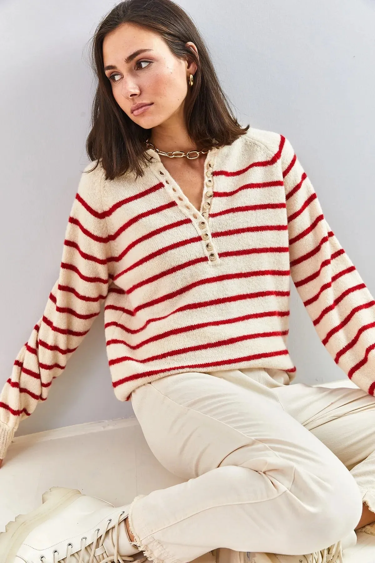 Women's Buttoned Turtleneck Striped Knit Sweater