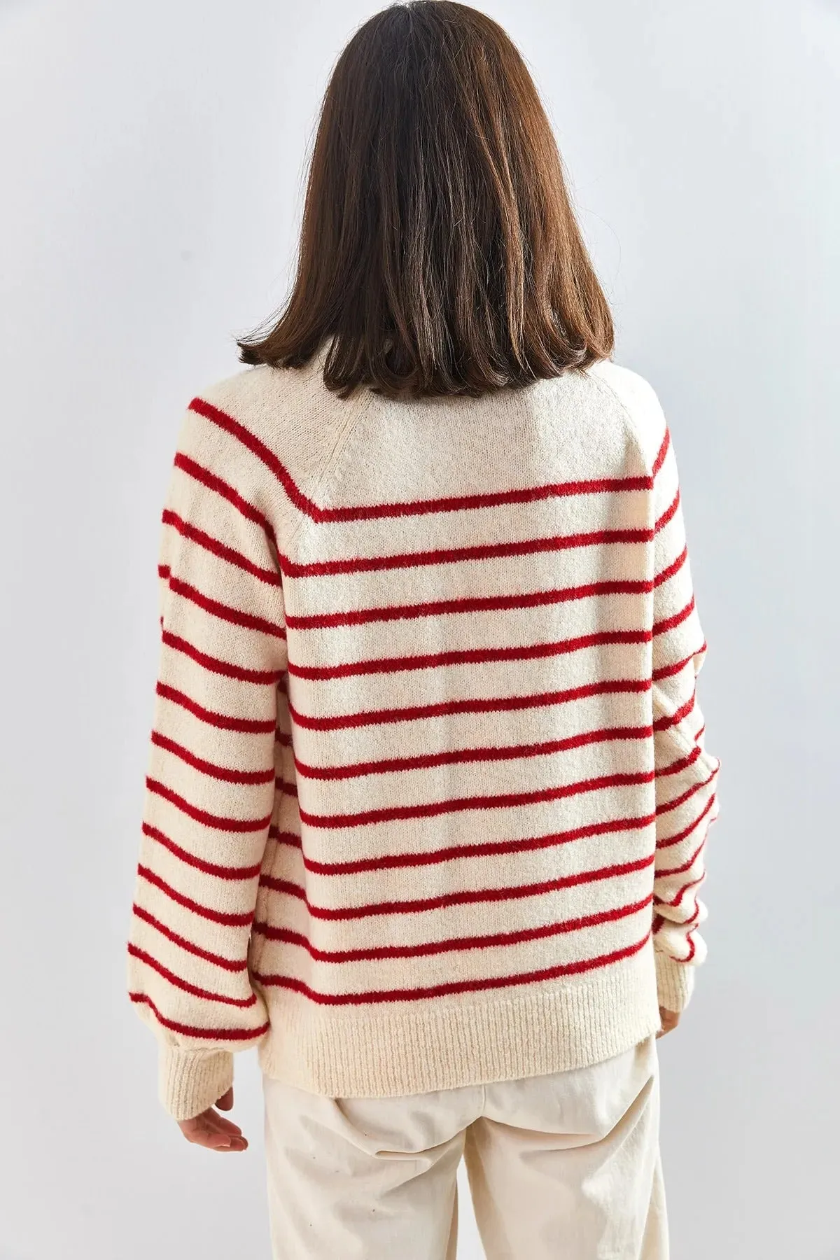 Women's Buttoned Turtleneck Striped Knit Sweater