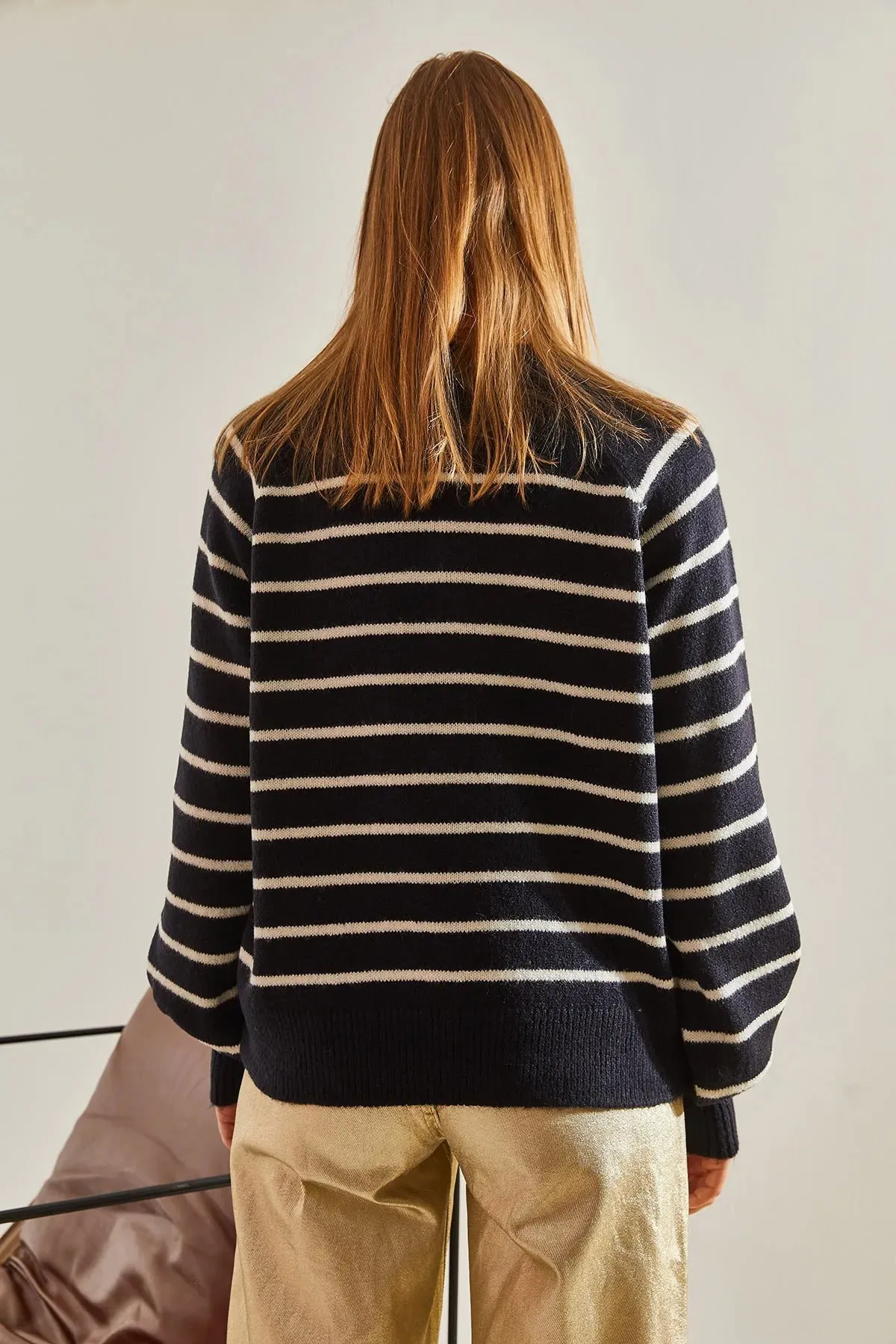Women's Buttoned Turtleneck Striped Knit Sweater