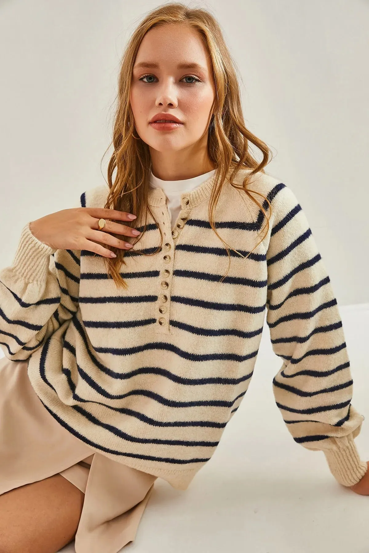 Women's Buttoned Turtleneck Striped Knit Sweater