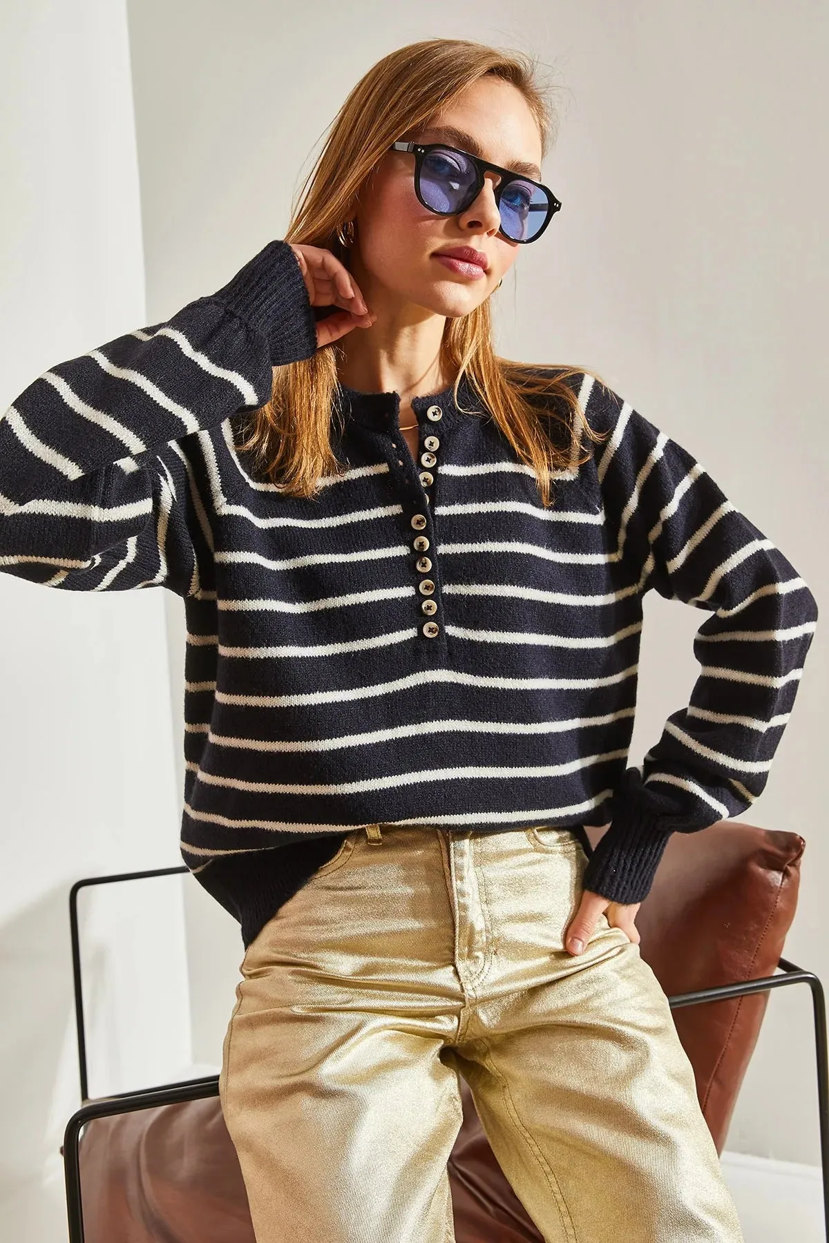 Women's Buttoned Turtleneck Striped Knit Sweater