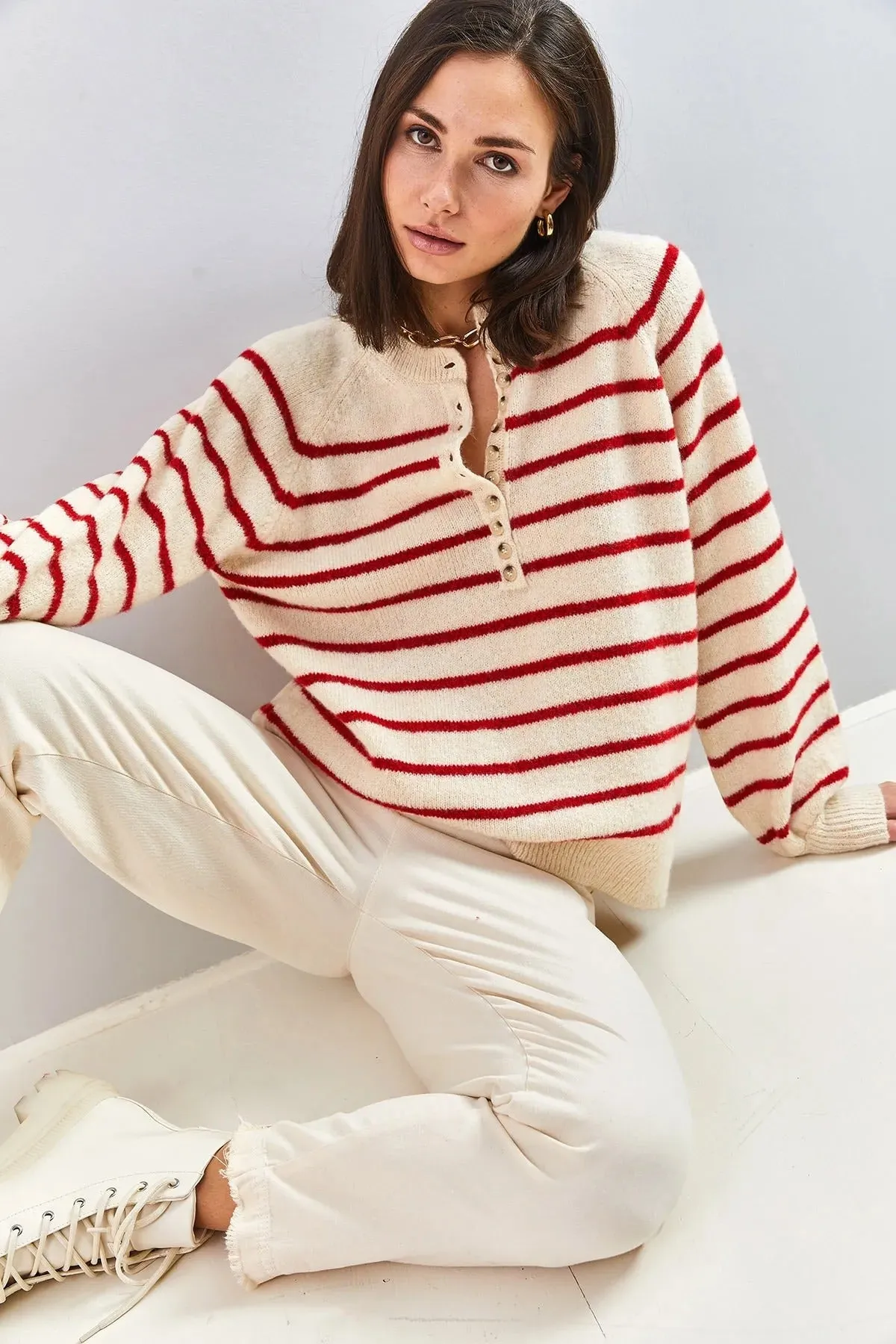 Women's Buttoned Turtleneck Striped Knit Sweater