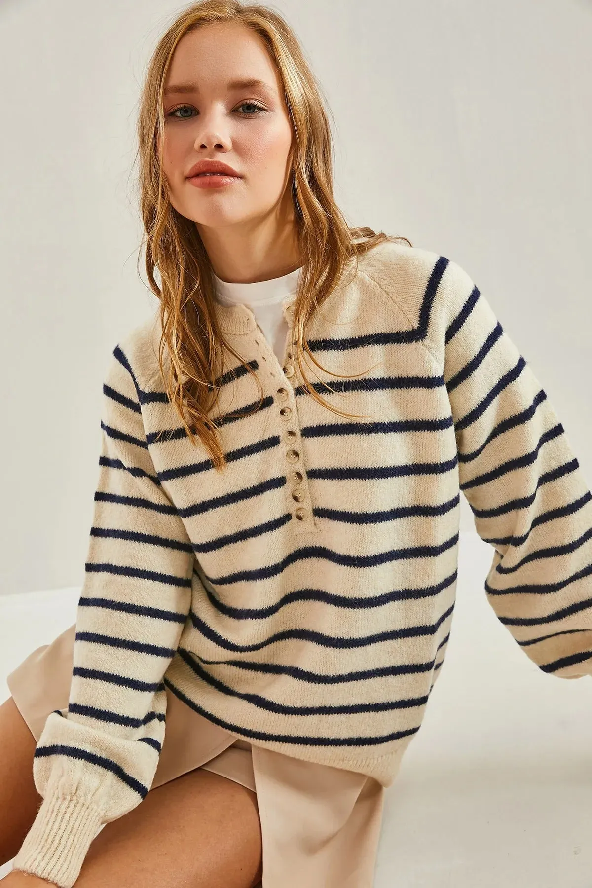 Women's Buttoned Turtleneck Striped Knit Sweater