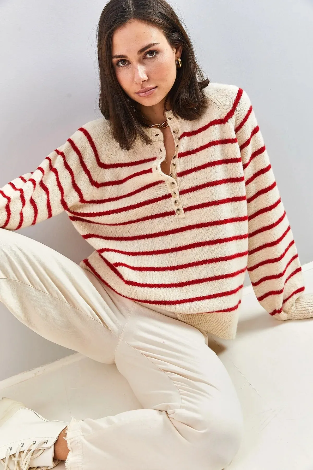 Women's Buttoned Turtleneck Striped Knit Sweater